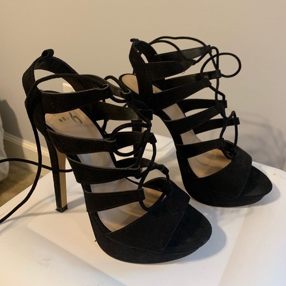 Mix No. 6 brand, black wrap around ankle heels